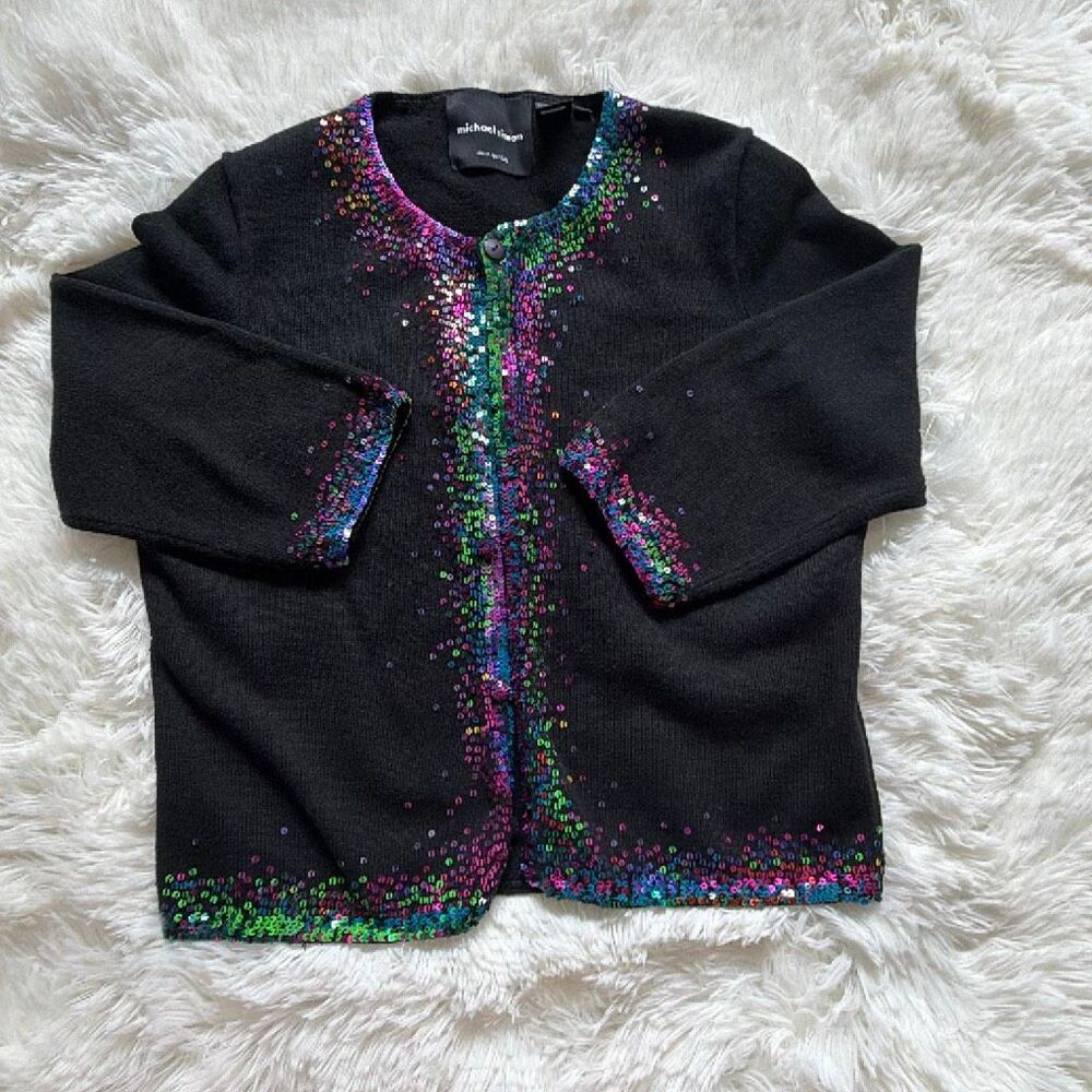 Vintage Michael Simon Rainbow Sequins Trimmed Black Cardigan Sweater Medium